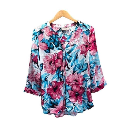 Chico’s Size 1 (Medium) 3/4 Sleeve Floral Tropical Shirt - Picture 1 of 5